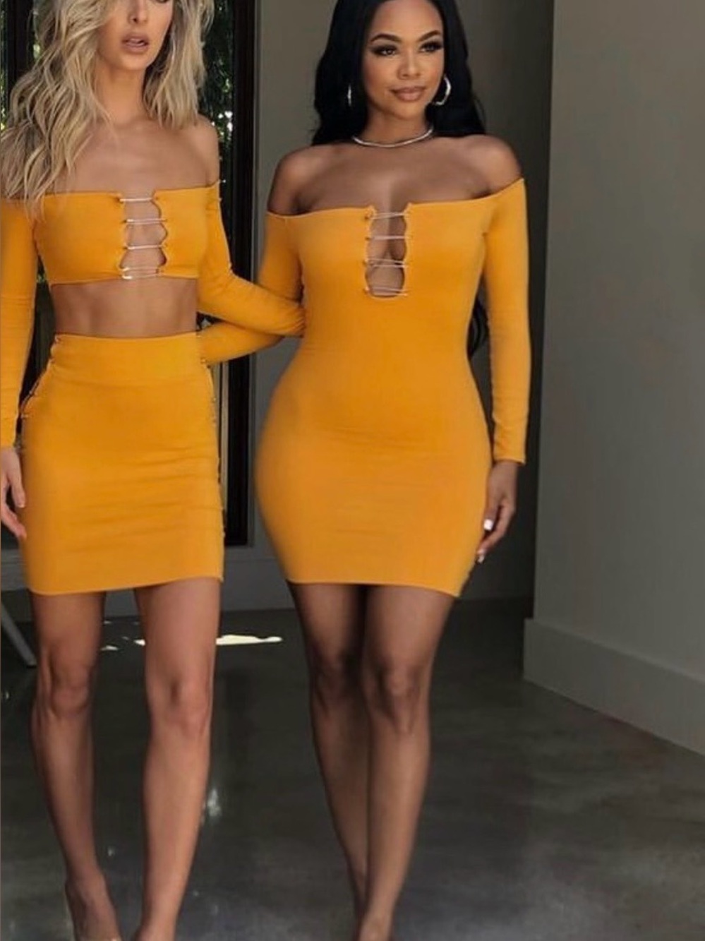 Off-Shoulder Long Sleeve Dress in Mustard Yellow